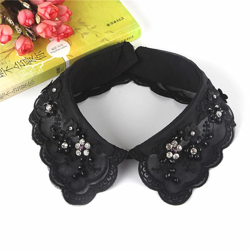 

Beaded Crystal Embroidered Fake Collar Removable Shirt Detachable Lapel False Collars Women Clothes Decoration White Black