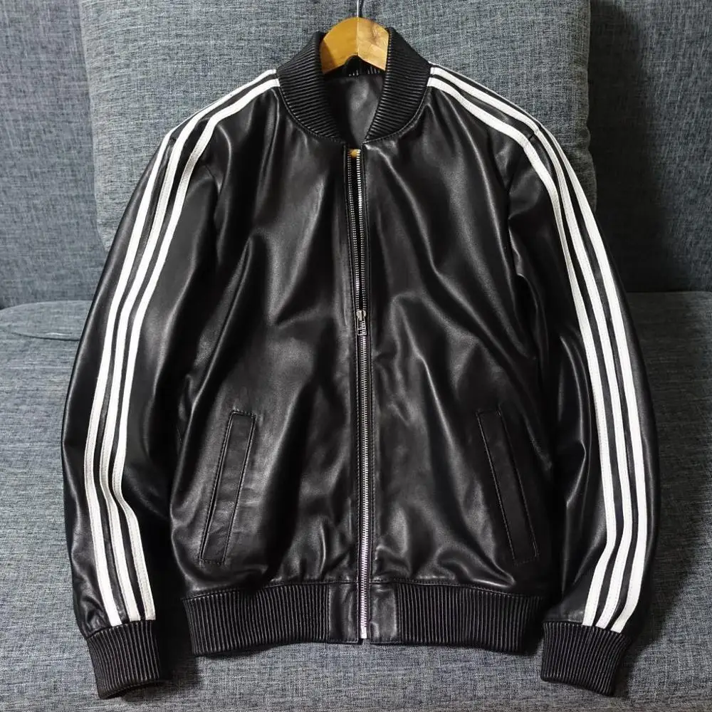 

2020 New Men's Casual Genuine Leather Jacket Thread closure sleeves Sheepskin Black/Red Baseball Jackets Plue Size M-4XL