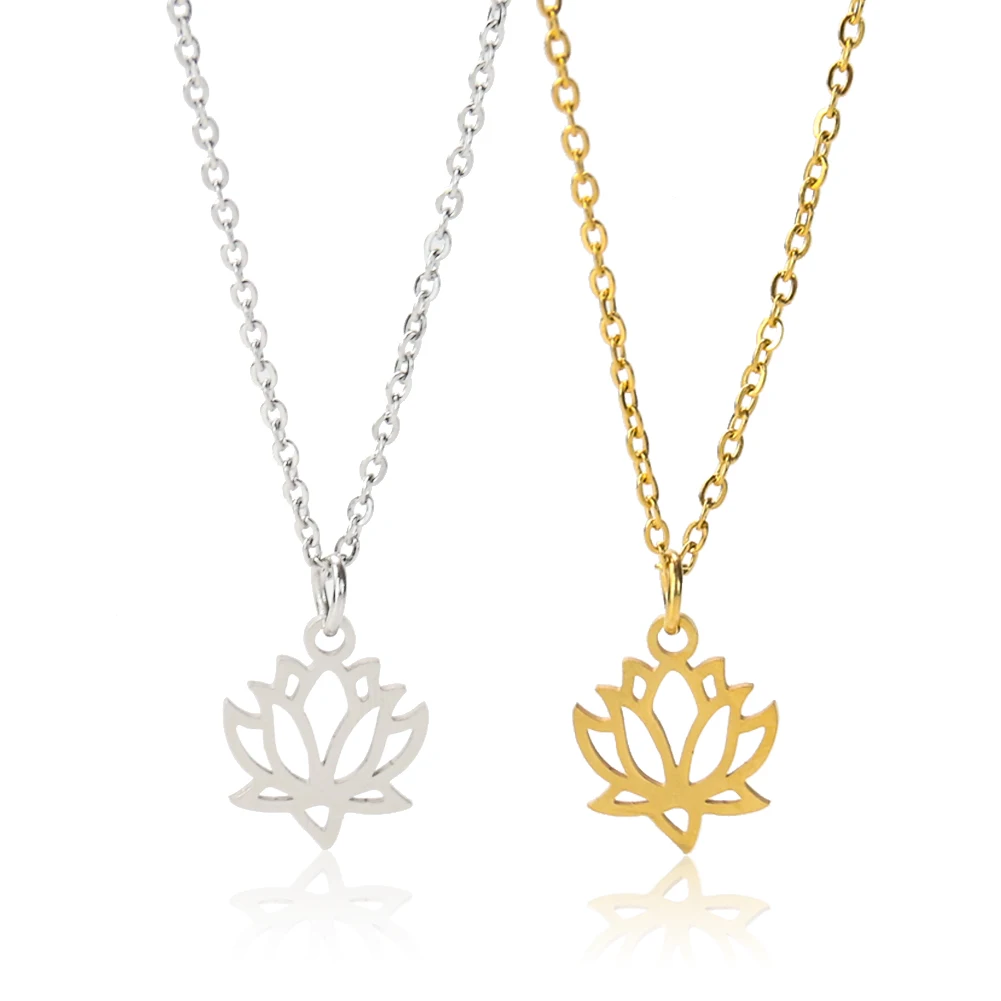 

Fashion Stainless Steel Yoga Lotus Necklace Gold Silver Flower Choker Trend Long Chain Woman Buddhist Lucky Charms Jewelry Gift