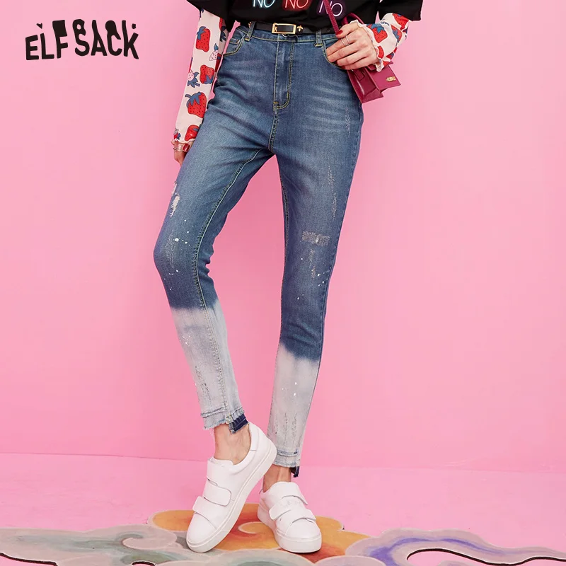 ELFSACK потертые джинсовые женские джинсы 2019 осенние модные Лоскутные брюки со