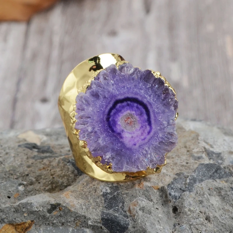 

BOROSA 1PCS Rainbow Flower Solar Quartz Druzy Ring Silver Color Adjustable Fashion Quartz Band Ring High Quality S0308