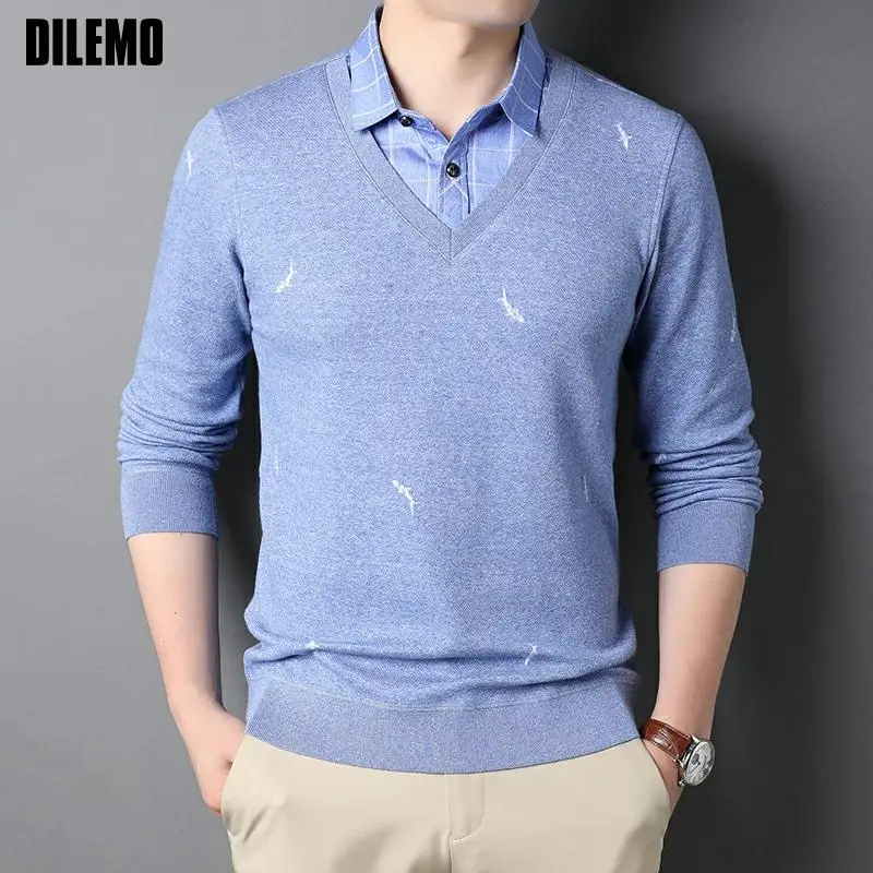 

Top Grade Fake Two New Fashion Brand Autum College Preppy Collared Knit Pullover Sweater Casual Collaree Jumper Men Clothing