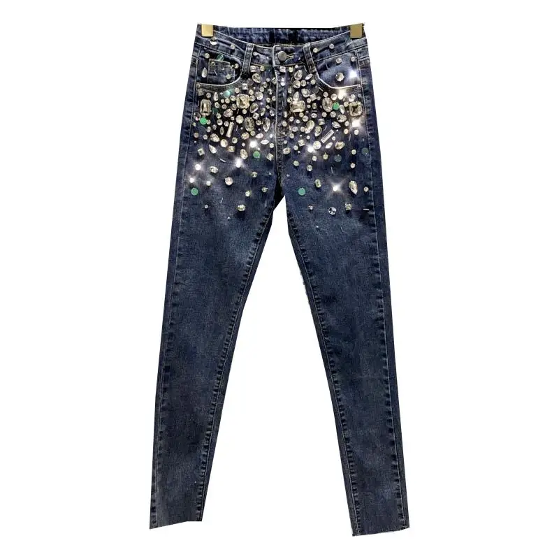 

Blue Mid-waist Jeans Women 2021 Spring New Handmade Large Rhinestone Elastic Slim Pencil Pants Trousers Vintage Streetwear