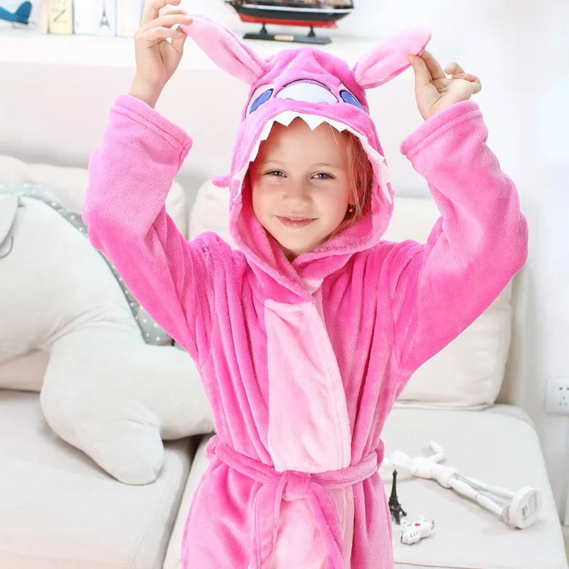rose Cartoon Children Bathrobe for Boy Girls Pajamas Flannel Tiger Animal Hooded Bath Robe Baby Kids Home Wear Outfit Roupao Infantil - Color: rose
