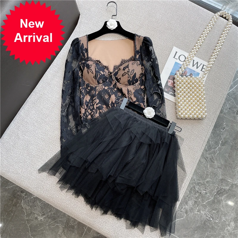 

2021 Autumn and Winter New Retro Sexy Square-Neck Long-Sleeved Lace Shirt Irregular Mesh Mini Skirt Lady Outfits Buy Separately