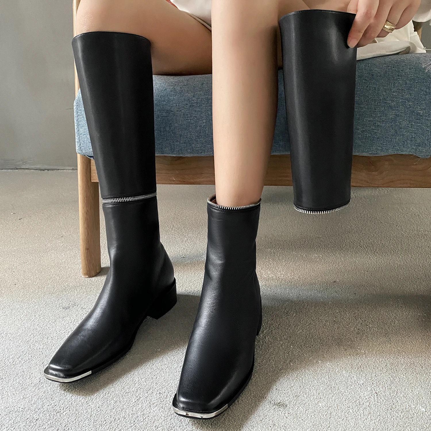 

Drestrive Cow Leather 2020 New Arrival Women Knee High Boots Square Toe Zipper Black Thick Heel Winter Shoes Ankle Boot