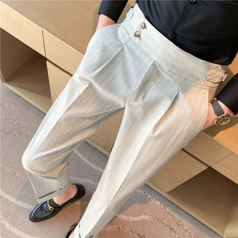 

2021 Men Suit Pants Dress Pants Stretch Slim Straight White Striped Formal Pants Boutique Fashion Men's Clothing Ankle Trouser