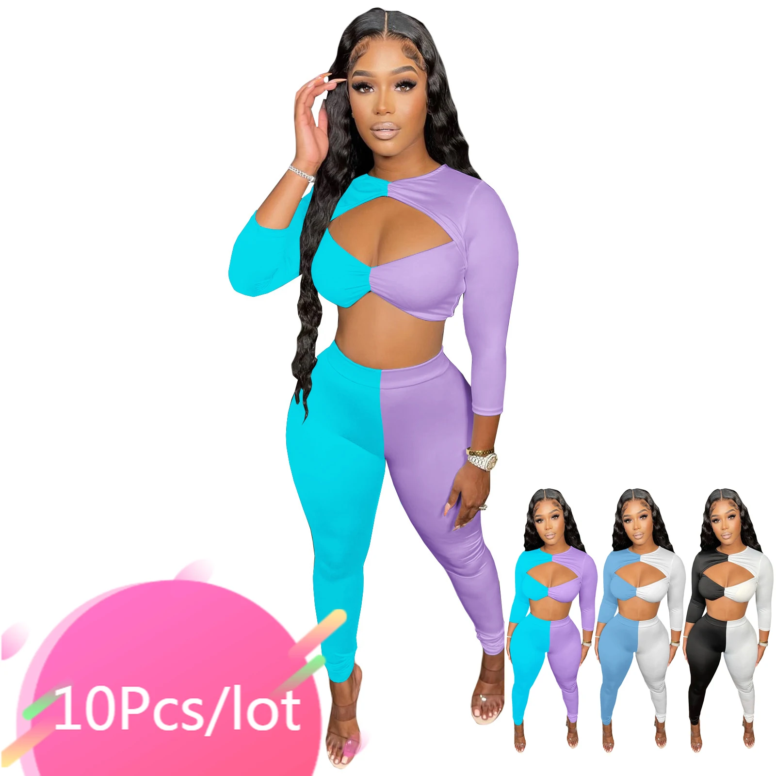 

Bulk Itmes Wholesale Lots Fitness Patchwork Two Piece Outfits Women Hollow Out Contrast Color Crop Tops Legging Matching Sets