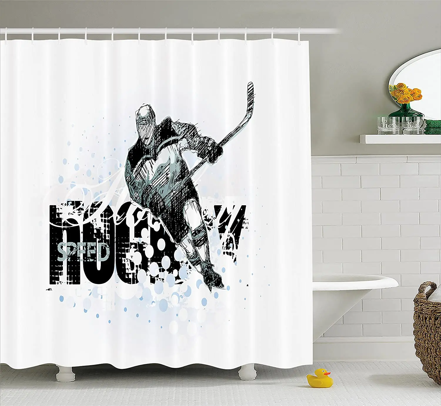 

Хоккейная душевая занавеска гранж эскиз искусство профессионального игрока силуэт и текст с точками Водонепроницаемая занавеска для ванн...