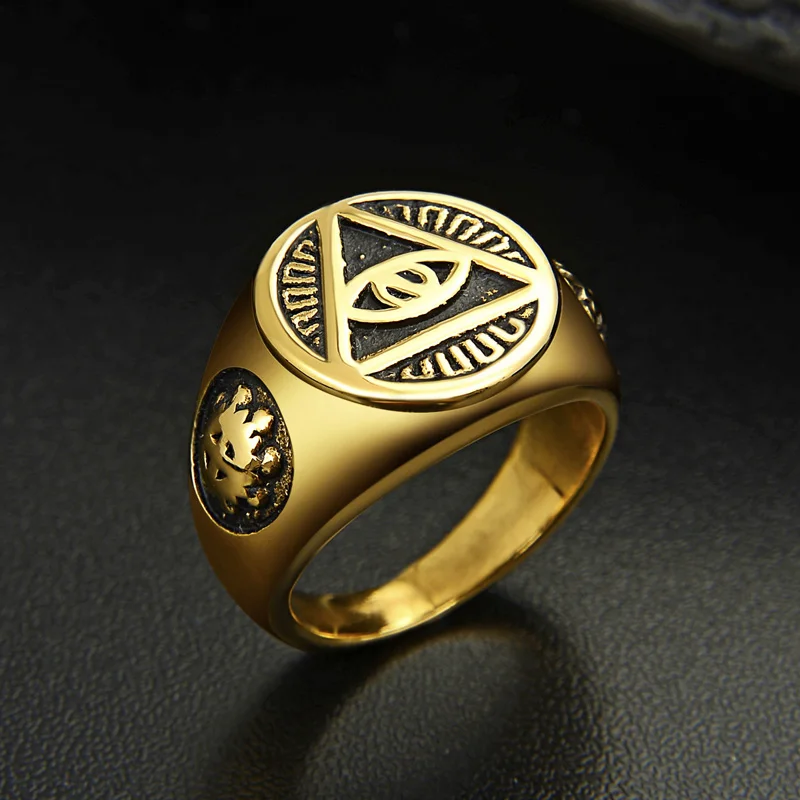 Valily Men's Ring Gold Color Illuminati pyramid eye symbol Cool skull fashion rings Stainless Steel finger band Women | Украшения и