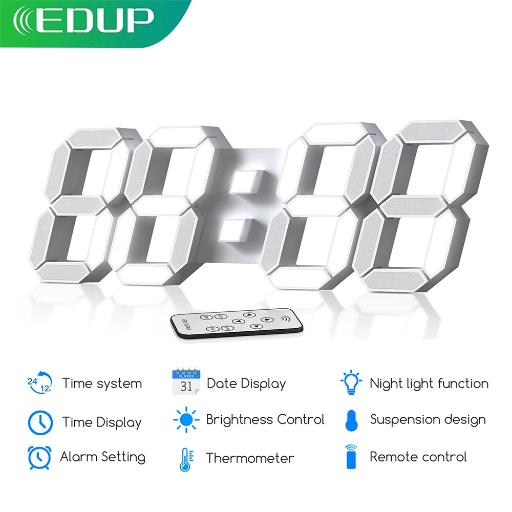 

EDUP Large 3D LED Wall Clock with Remote Control Three-dimensional Automatic Light Sensor Electronic Clock For Multi-scene