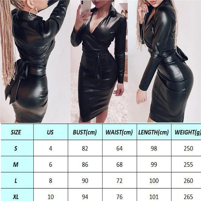

2019 Sexy Women Casual V Neck Jumper Dress PU Leather Long Sleeve Bodycon Shirt Dresses