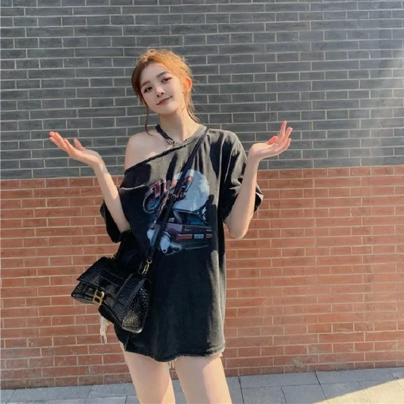 

Black T-shirt for girls summer retro Harajuku strapless loose short-sleeve top female Clothing oversize women's t-shirt vintage