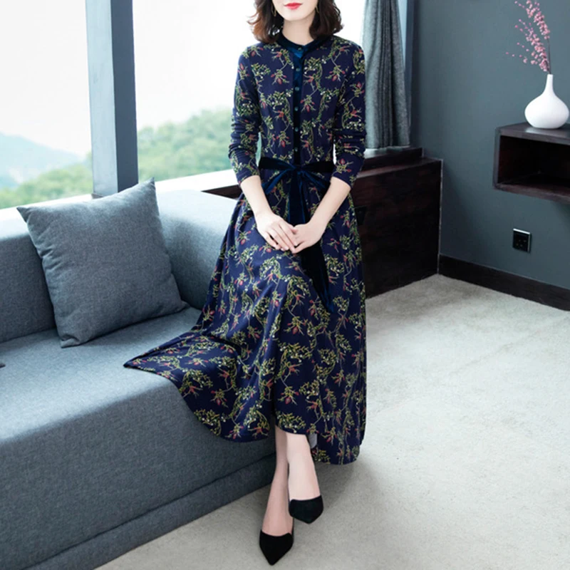 

2019 Vintage Floral Print Long Plus Size Dress Autumn Long Sleeve knitting Maxi Party Dress Lace Up Casual Dress Vestidos 4XL