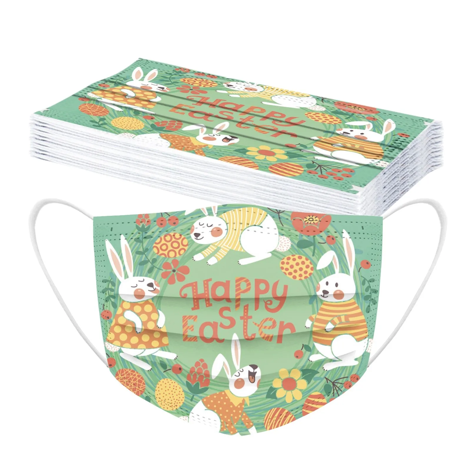

50PCS Adult's Happy Easter Protection 3 Layer Cartoon Disposable Face Mask Breathable Dust Earloops Masks Face Masks Fast Ship