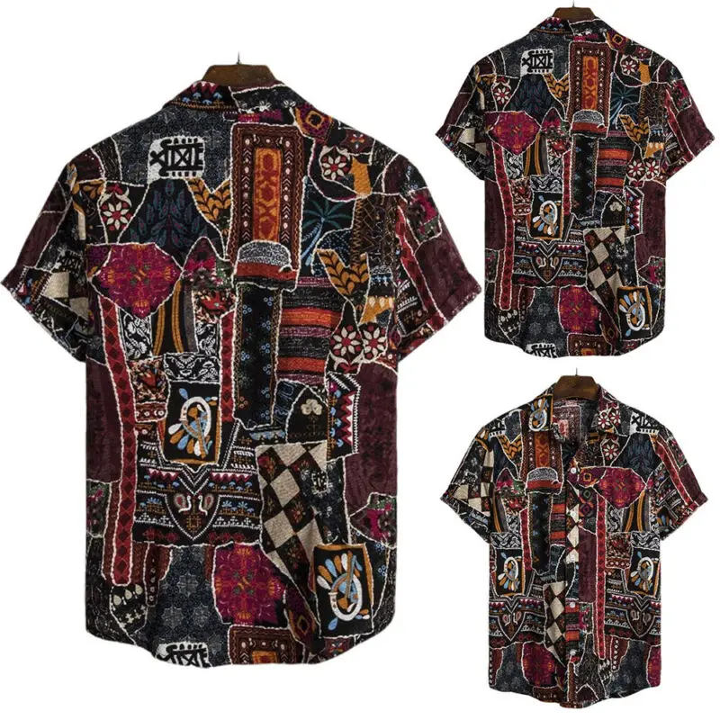 

Мужская рубашка с коротким рукавом и принтом, лето пляжная, с пуговицами, свободные повседневные топы, туника