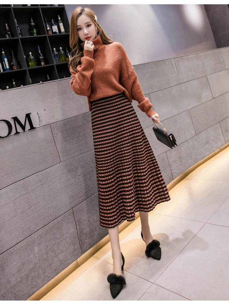 

New Autumn Winter Plaid Knitted Skirt Women Vintage Midi High Waist Knit Skirts Elegant Elastic Long Faldas Mujer Saias