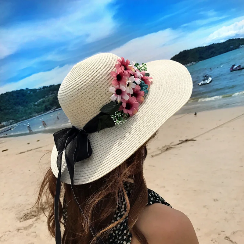 

MIARA.L hat lady summer flower bow straw hat fashion sunbonnet beach sun hat folding sun hat