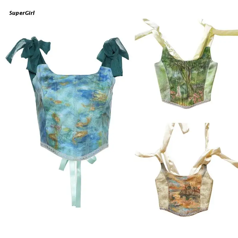 

J78E Women Tie-Up Ribbon Corset Crop Top Sexy Backless Lace-Up Slim Bustier Camisole Retro Oil Painting Boned Tank Top Vest