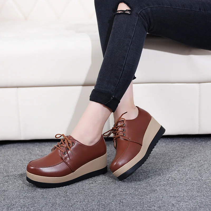 

Autumn Genuine Leather Shoes Women Lace Up Closure Soft Surface Round Toe Fashion Zapatillas Mujer Elegant Woman Platform Shoes