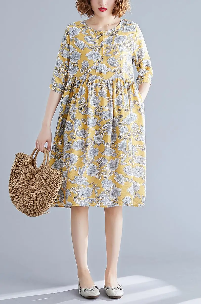 

8338# Summer Vintage Floral Printed Cotton Maternity Dress Large Size Loose Casual Clothes for Pregnant Women Slim Pregnancy