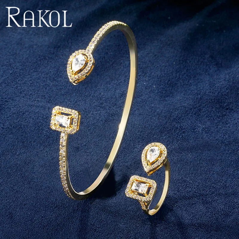 Set Gold Color RAKOL Гладкий минималистский дизайн с кубическим цирконием браслеты из колец комплект ювелирных изделий женщина свадебное платье аксессуары RS03046 - Окраска металла: Set Gold Color