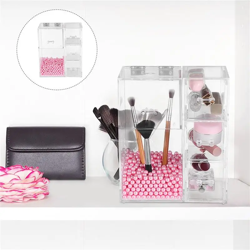 

1pc Transparent Creative Cosmetic Brush Organizer Cosmetic Storage Box with Pearls