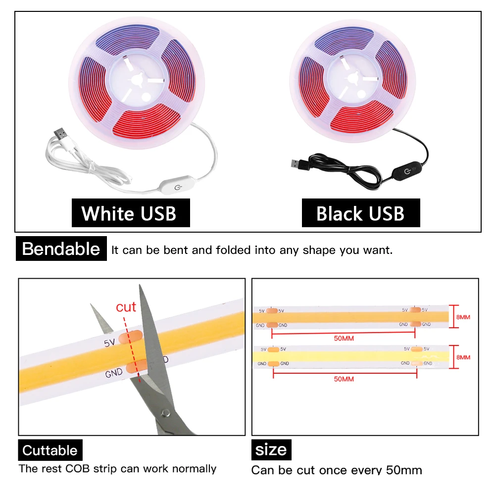 5V USB LED COB Strip light Touch Switch Flexible Led Tape 320 LEDs High Density Soft FOB Light 3000K 4000K 6000K Dimmable | Лампы и