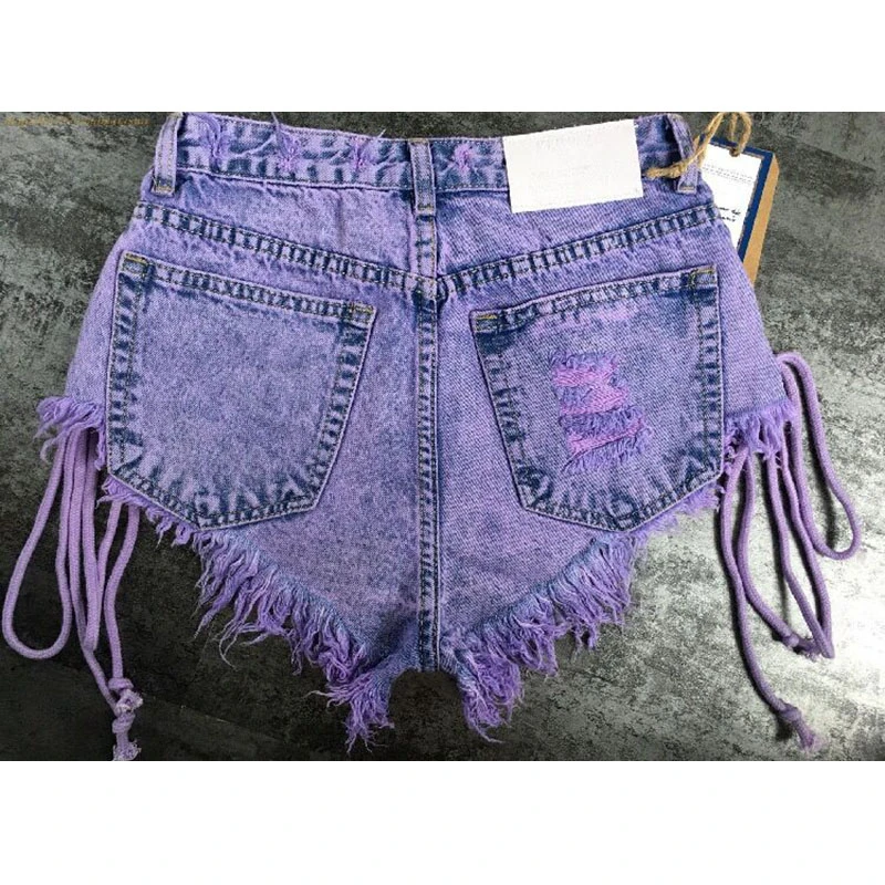 

Women Denim Shorts purpel blue High Waist Straps Tassel Bandages Denim Shorts Female 2020 new Summer Jeans Short