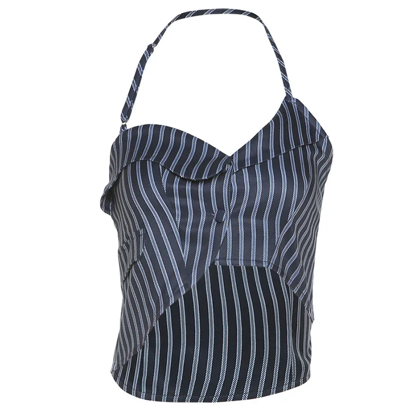 

Y2K Striped Sexy Casual Halter Cropped Tank Top for Women 2021 Aesthetics Basic Buttons Camisole Summer Woman Tank Top Female