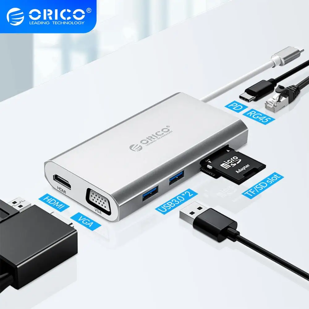 ORICO USB C концентратор типа к 3 0 HDMI-совместимый VGA RJ45 Кардер ридер OTG адаптер
