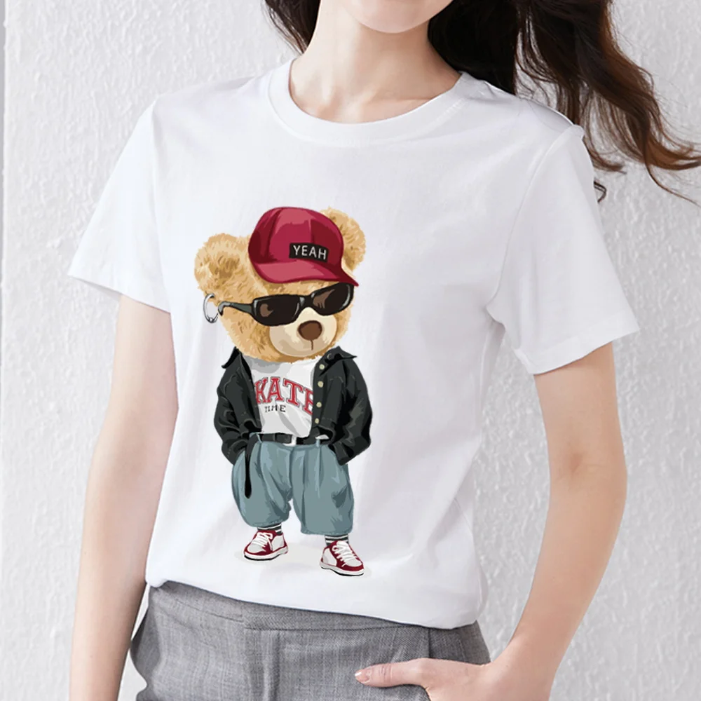 

T-shirt Street Women's Personality Play Cool Teddy Bear Print T-shirt Women Casual O-neck Ladies T-shirt All-match Soft Slim Top