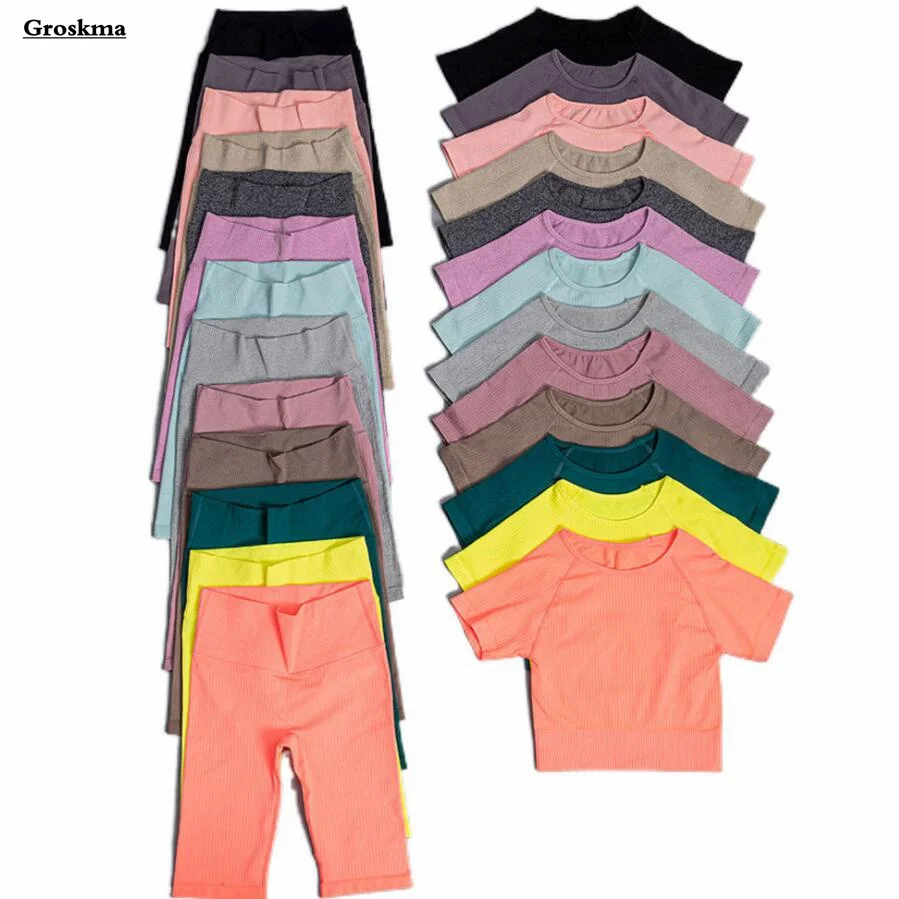 

Шорты с высокой талией + футболка, женские бесшовные костюмы для йоги, фитнеса, тренажерного зала, комплект из двух предметов, полосатая резьба, спортивная одежда с пуш-ап