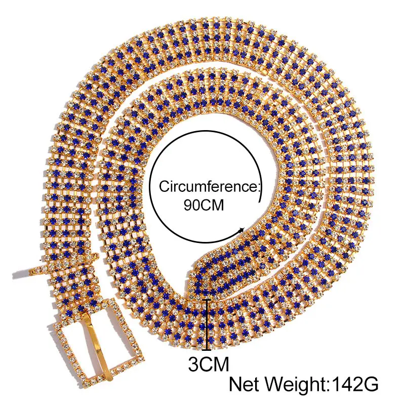 

JUST FEEL Luxury Women's Rhinestone Shiny Belt Female Wide Crystal Diamond Waist Long Chain Belt Party Fashion Alloy Waistband