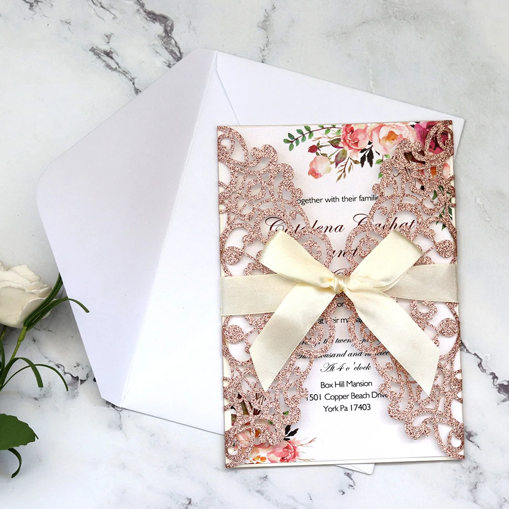 10pcs/Set Exquisite Glitter Paper Laser Cut Wedding Invitation Card With Ribbon Personalized Decor Party Supplies | Дом и сад