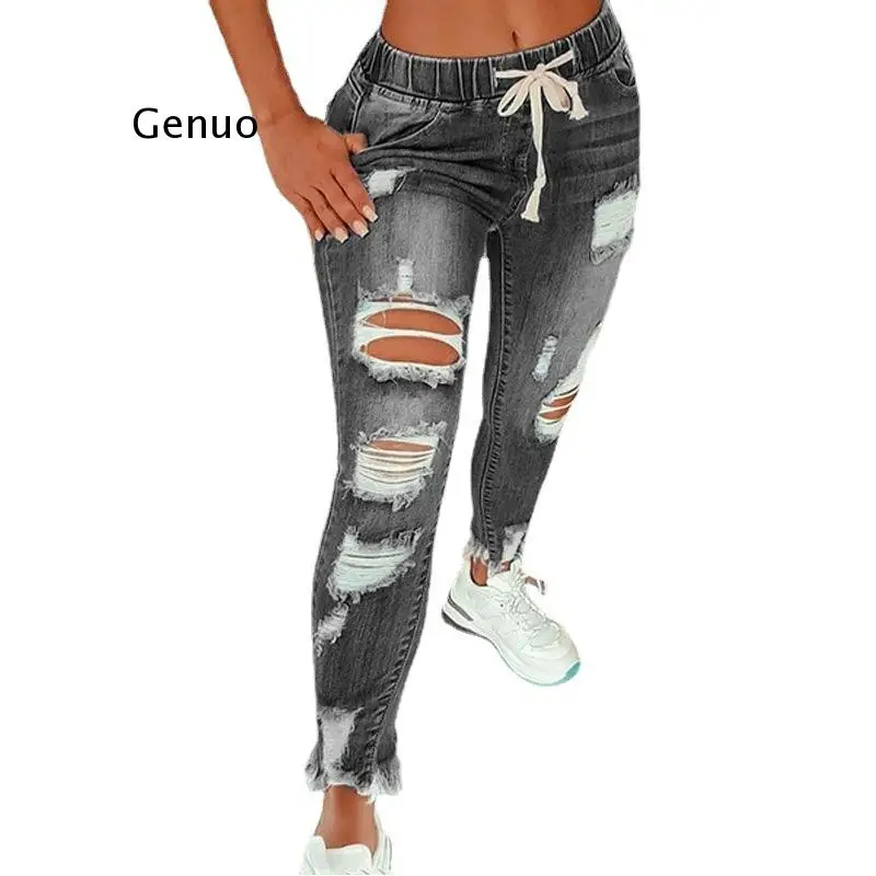 

Drawstring Denim Jeans For Women Ripped Hole Stretch Jean Ladies Plus Size Full Length Pencil Pants