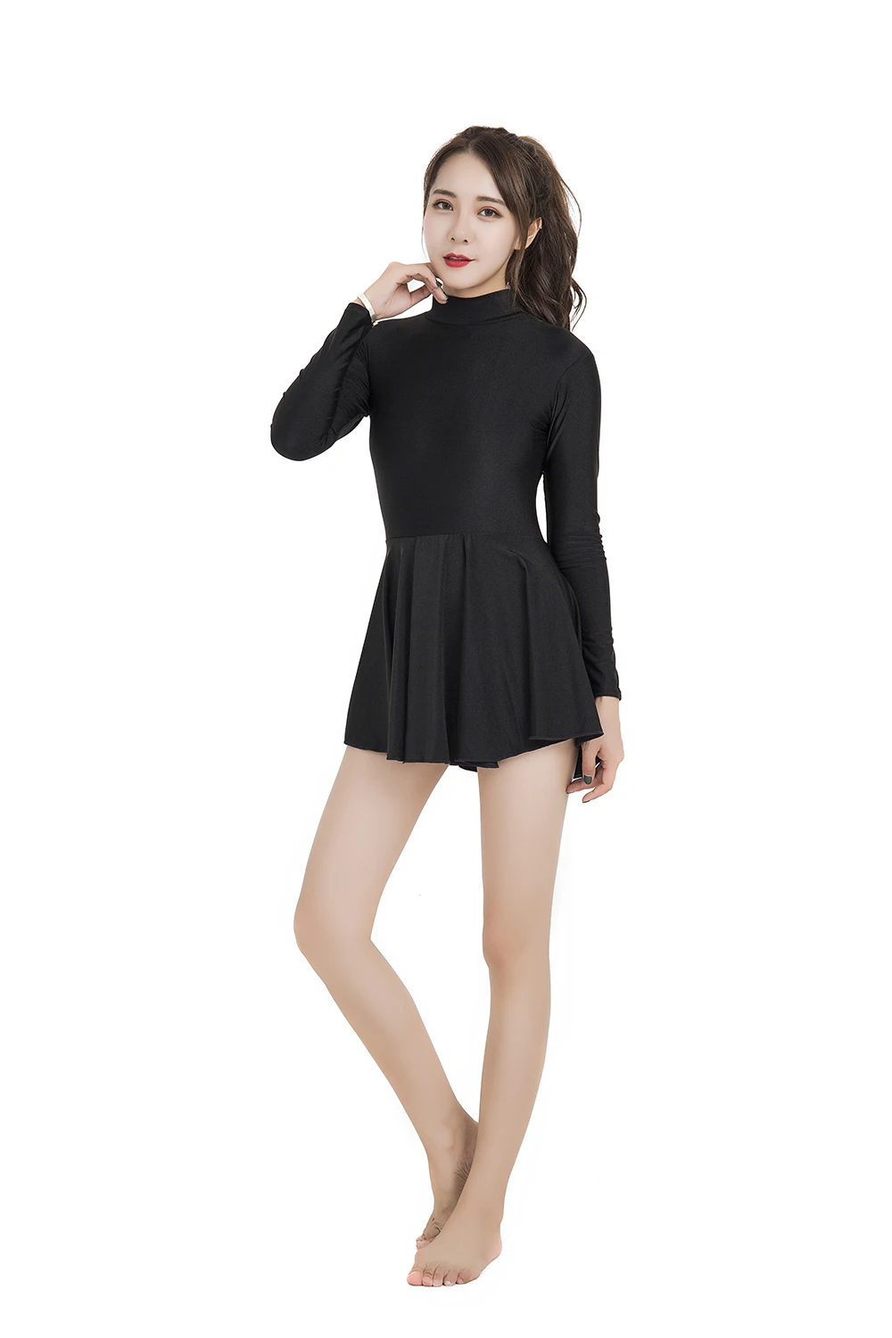

Women Ballet Dance Leotard with Skirt One Piece Dress black Long Sleeve Bodysuit Turtle Collar Gymnastics Leotards