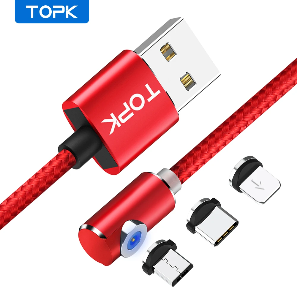 Магнитный кабель TOPK 90 Degree L USB Micro Type C 8 Pin для Xiaomi Redmi Note Samsung мобильных
