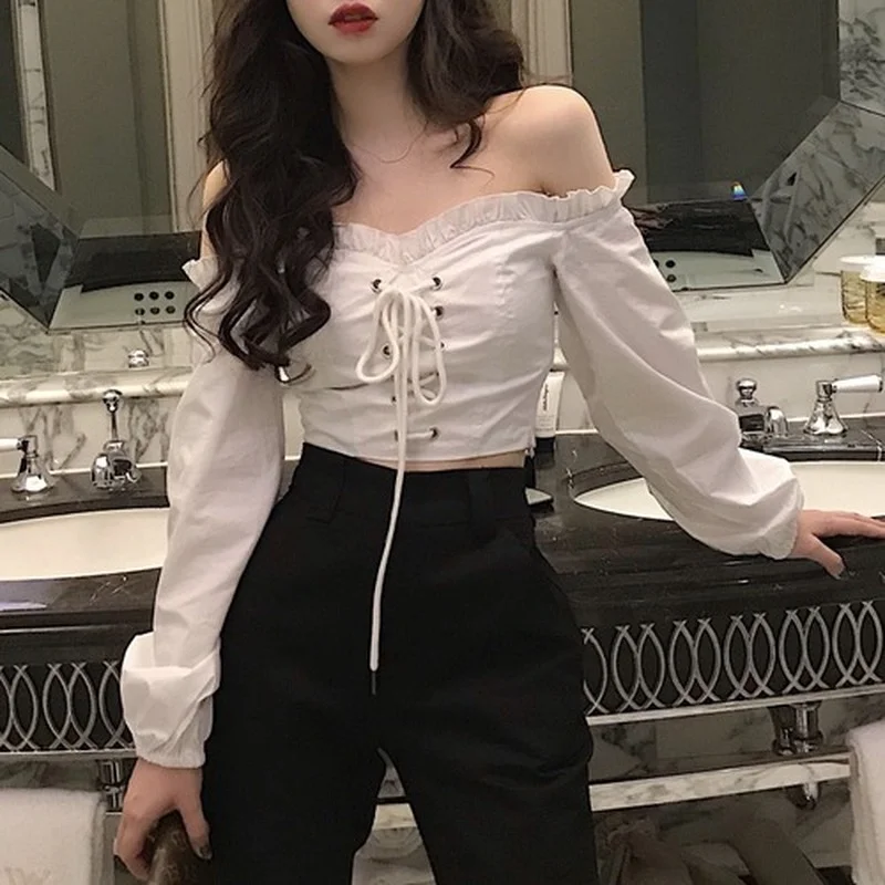 

Spring One-word Shoulder Shirt Vintage Tops for Women Solid Cotton Strap Long Sleeve Office Lady Sweet Blouse Blusa Chic 14314