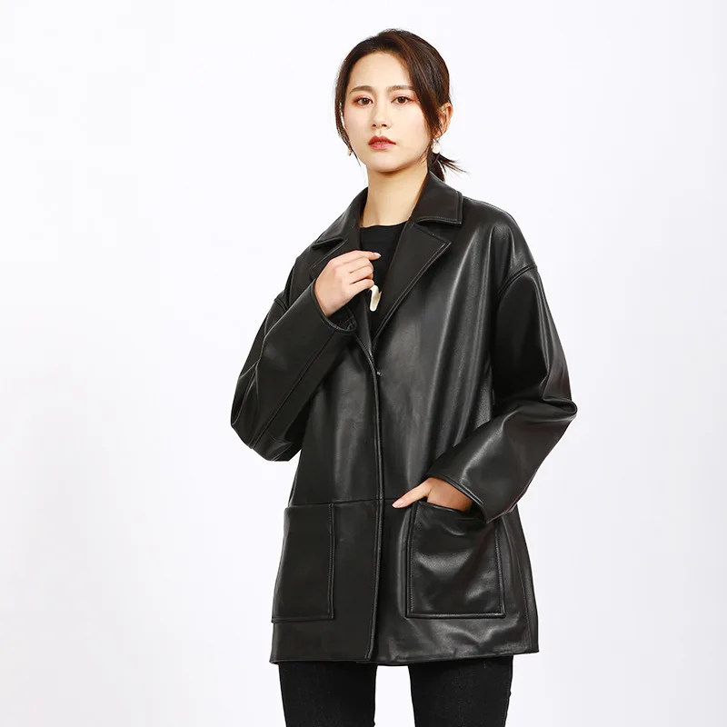 

Женская кожаная куртка в стиле Звезд, Весенняя модель в Корейском стиле, Повседневная Свободная одежда из натуральной овечьей кожи для женщин