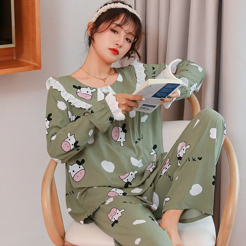 

Пижама женская из поплина с длинным рукавом, популярный костюм из искусственного хлопка, французская кружевная Свободная блузка, весна-осе...