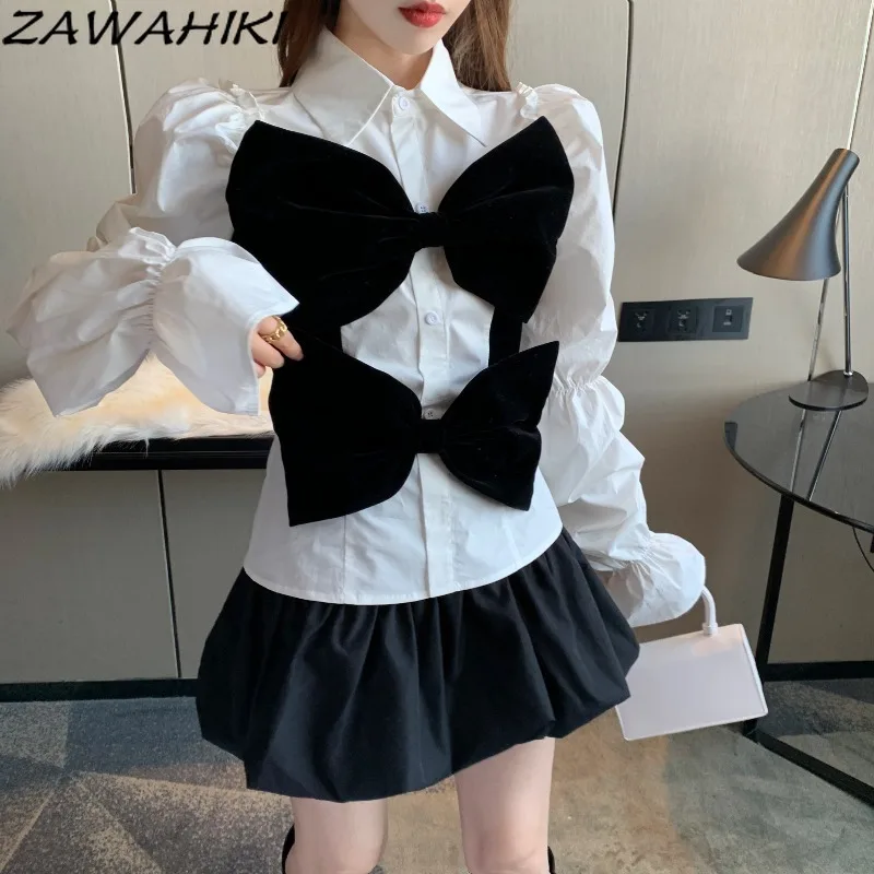 Zawhiki корейская мода бархатная женская рубашка с бантом Весенняя отложным