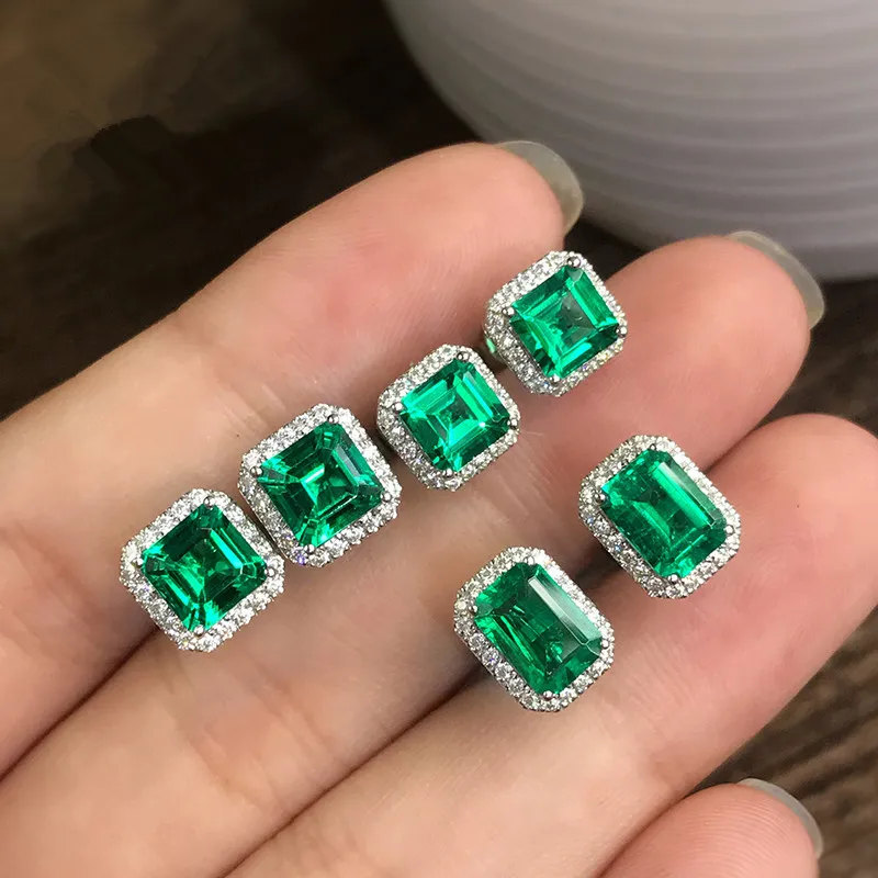 

Cute Square Female Emerald Crystal Green Earrings Fashion 925 Stamp Wedding Earrings Vintage Double Stud Earrings for Women
