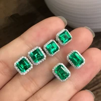 cute square female emerald crystal green earrings fashion 925 stamp wedding earrings vintage double stud earrings for women