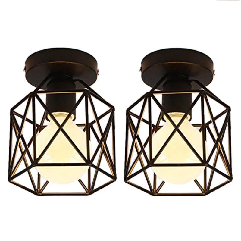 

2 Pcs Ceiling Light Industrial Square Cage Metal Iron Retro Chandelier Suspension Light Fixture For Hallway, Entrance, Driveway,