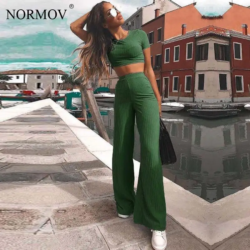 NORMOV комплект из двух предметов, Женский ребристый топ с круглым вырезом и длинные штаны, сексуальный осенний спортивный костюм с коротким рукавом для женщин