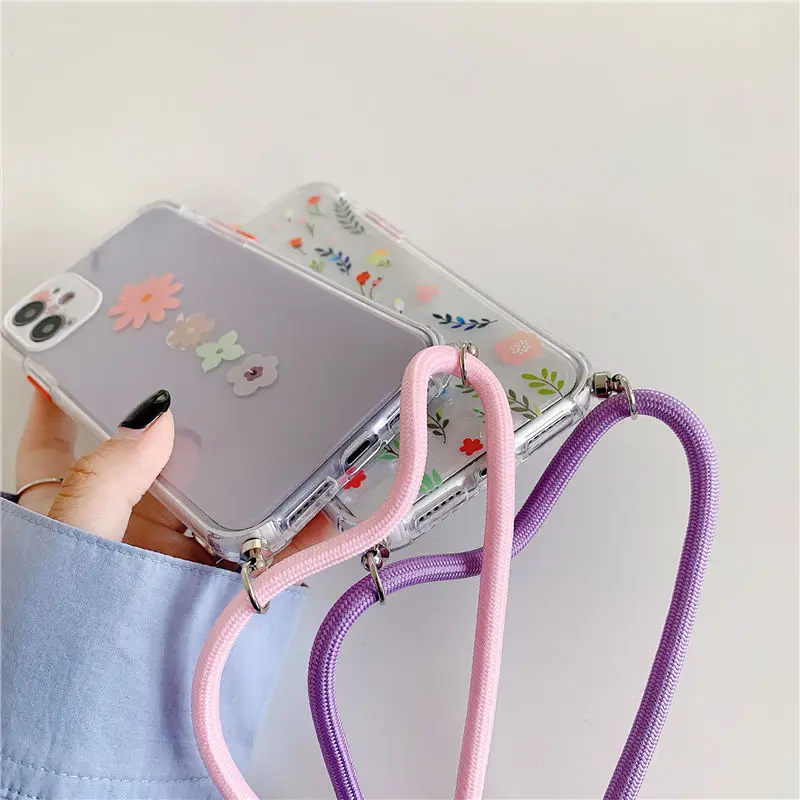 

Flowers Lanyard Flower Leaf Phone Case For iPhone 11 11Pro Max XR XS Max X 7 8 Plus SE 2020 With Strap Clear Soft TPU Back Cover