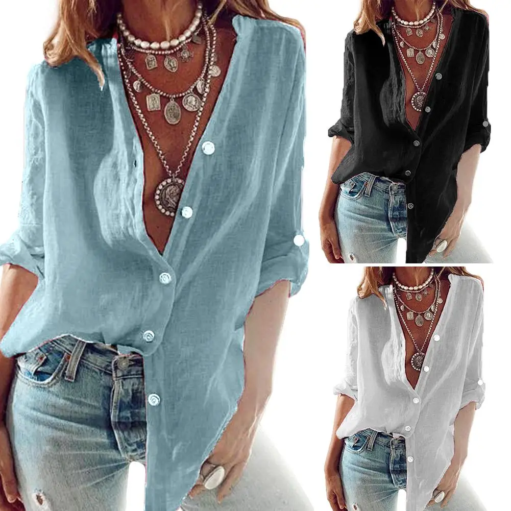 

Women Autumn Sreetwear Solid Color Long Sleeve Stand Collar Single-breasted Office Shirt Blouse Tops