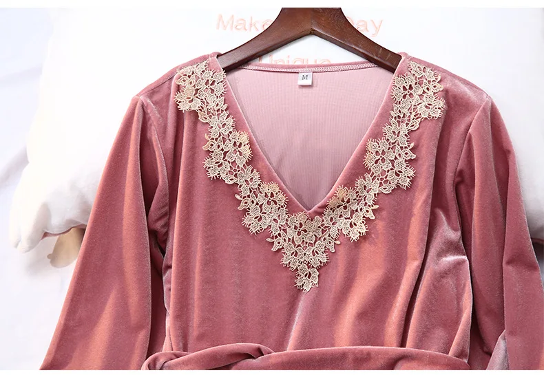 

Velvet Pajamas Women Suit Autumn Winter Sleepwear Long Sleeve Top&Pants Set Sexy Lace Trim Pyjamas Loose Casual Home Clothes