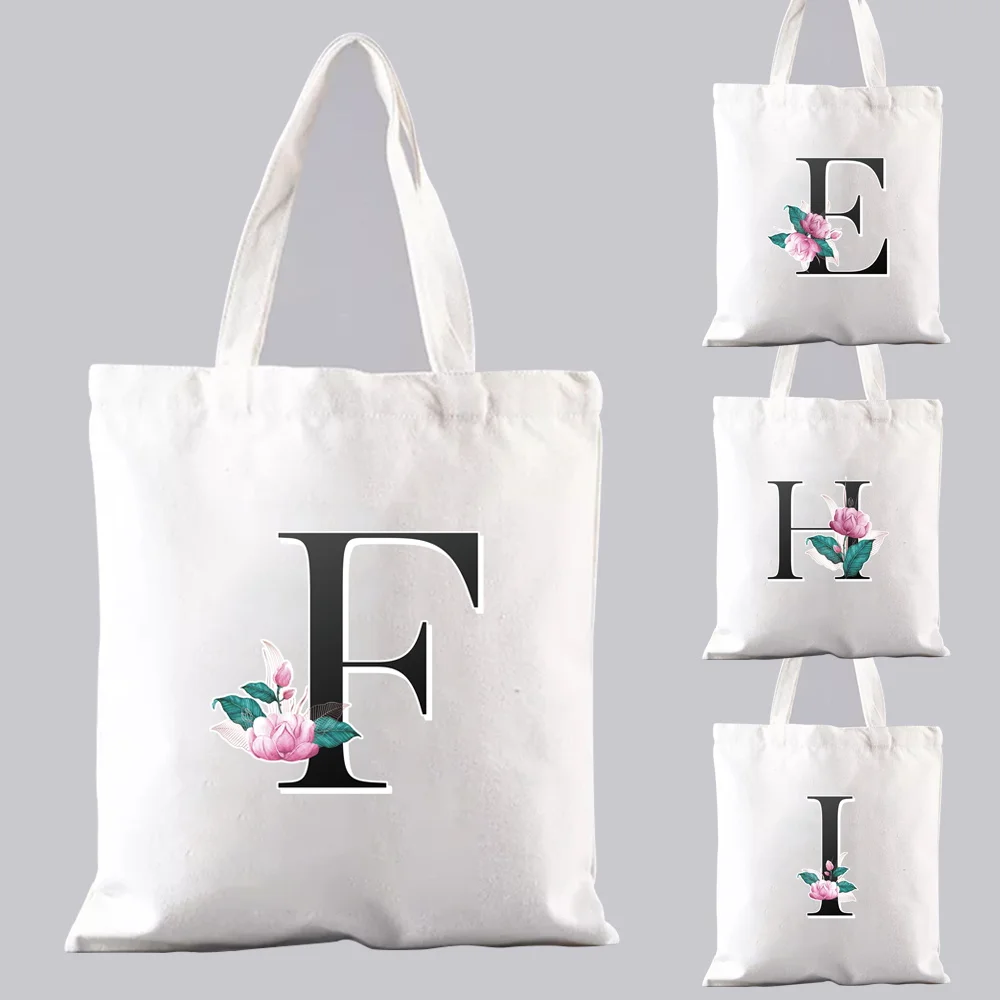 

Canvas Shopping Bag Classic White Student Tote Bags Harajuku Style 26 English Alphabet Print Series Handbag Shoulder Shopper Bag